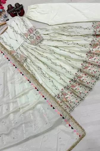White Color Embroidery Sequence Work Silk Blend Salwar Suit