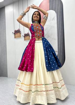 Pink Blue Bandhej Khadi Cotton with Real Mirror Work Chaniya Choli For Navratri 1