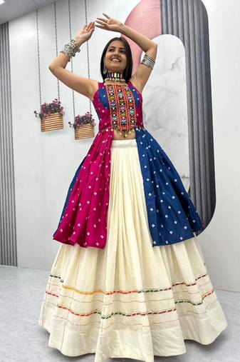 Pink Blue Bandhej Khadi Cotton with Real Mirror Work Chaniya Choli For Navratri