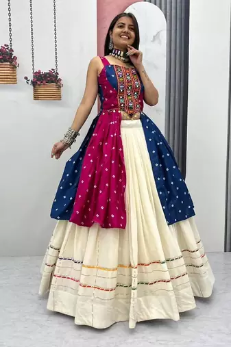 Pink Blue Bandhej Khadi Cotton with Real Mirror Work Chaniya Choli For Navratri