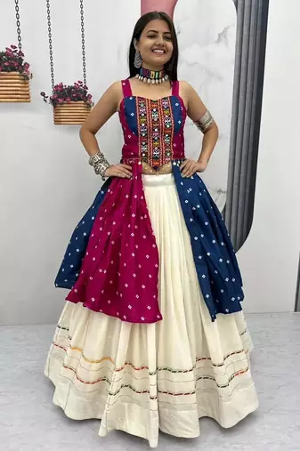 Pink Blue Bandhej Khadi Cotton with Real Mirror Work Chaniya Choli For Navratri