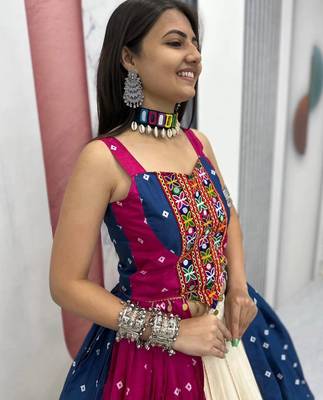 Pink Blue Bandhej Khadi Cotton with Real Mirror Work Chaniya Choli For Navratri 4