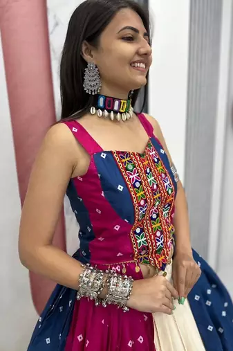 Pink Blue Bandhej Khadi Cotton with Real Mirror Work Chaniya Choli For Navratri