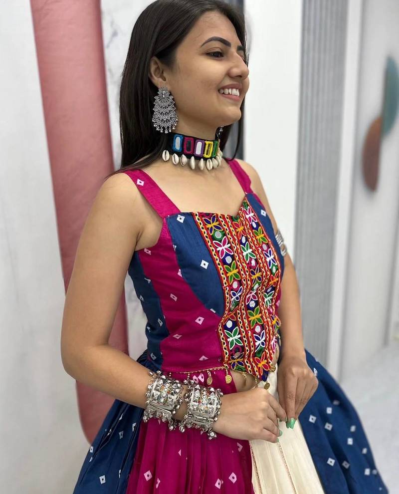 Pink Blue Bandhej Khadi Cotton with Real Mirror Work Chaniya Choli For Navratri