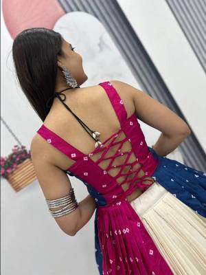 Pink Blue Bandhej Khadi Cotton with Real Mirror Work Chaniya Choli For Navratri 5