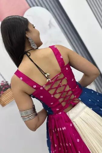 Pink Blue Bandhej Khadi Cotton with Real Mirror Work Chaniya Choli For Navratri
