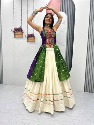 GREEN AND PURPLE Bandhej Khadi Cotton with Real Mirror Work Chaniya Choli For Navratri 1