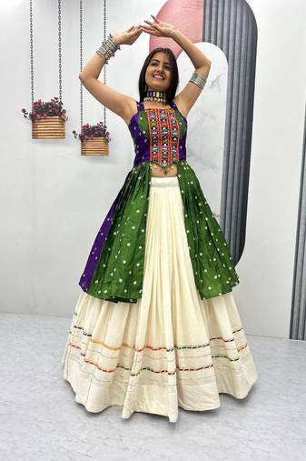 GREEN AND PURPLE Bandhej Khadi Cotton with Real Mirror Work Chaniya Choli For Navratri