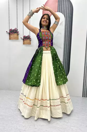 GREEN AND PURPLE Bandhej Khadi Cotton with Real Mirror Work Chaniya Choli For Navratri