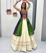GREEN AND PURPLE Bandhej Khadi Cotton with Real Mirror Work Chaniya Choli For Navratri