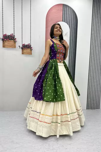 GREEN AND PURPLE Bandhej Khadi Cotton with Real Mirror Work Chaniya Choli For Navratri