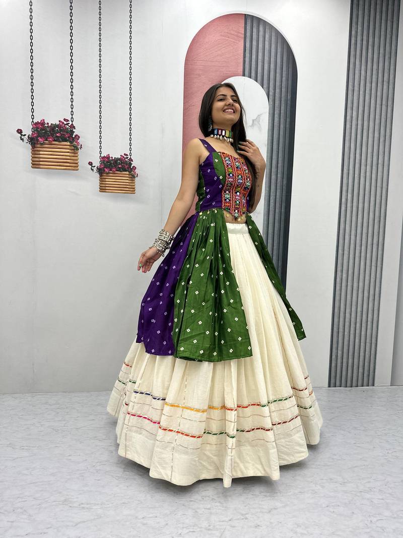 GREEN AND PURPLE Bandhej Khadi Cotton with Real Mirror Work Chaniya Choli For Navratri