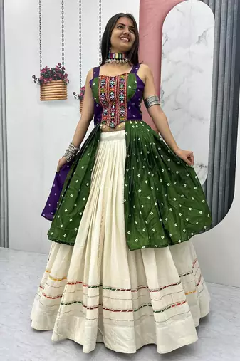 GREEN AND PURPLE Bandhej Khadi Cotton with Real Mirror Work Chaniya Choli For Navratri