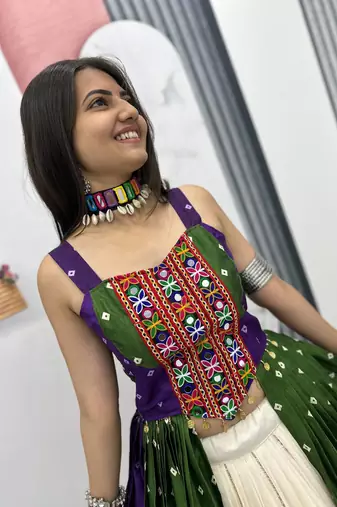 GREEN AND PURPLE Bandhej Khadi Cotton with Real Mirror Work Chaniya Choli For Navratri