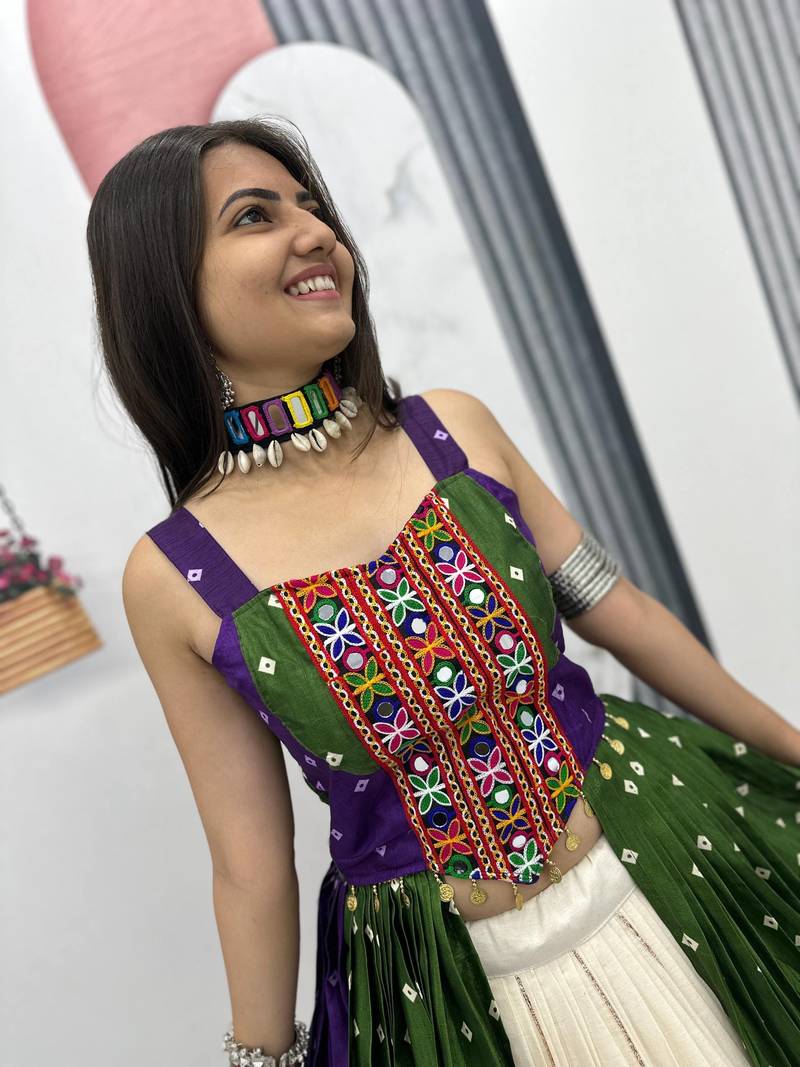GREEN AND PURPLE Bandhej Khadi Cotton with Real Mirror Work Chaniya Choli For Navratri