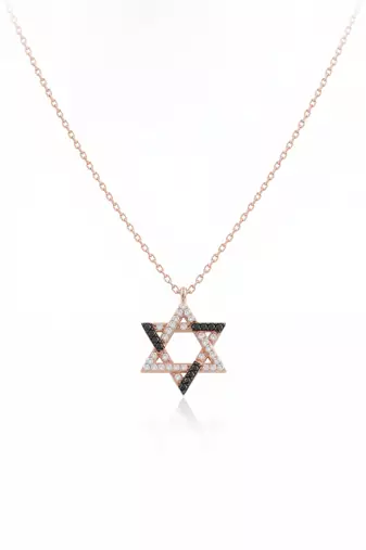 925 Sterling Silver Rose Gold Black & White CZ Hexagram Star of David Pendant Necklace Set for Women