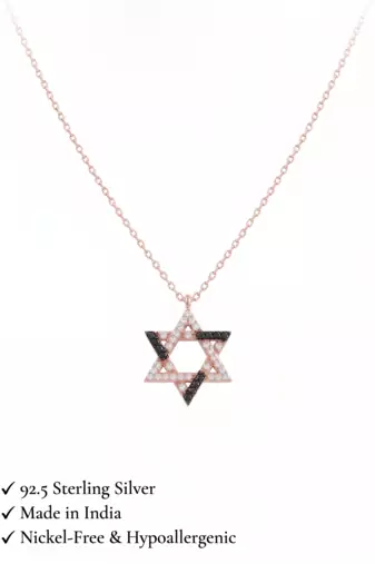 925 Sterling Silver Rose Gold Black & White CZ Hexagram Star of David Pendant Necklace Set for Women