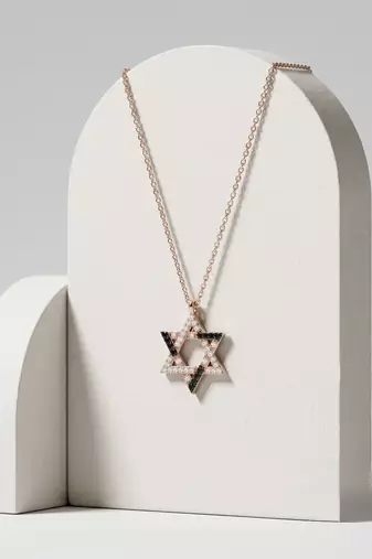925 Sterling Silver Rose Gold Black & White CZ Hexagram Star of David Pendant Necklace Set for Women