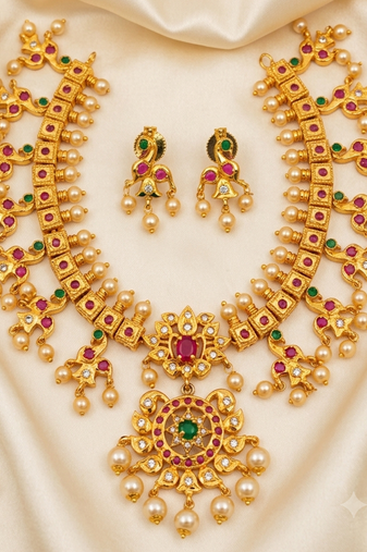 Guttapoosalu necklace set with emeralds and rubies