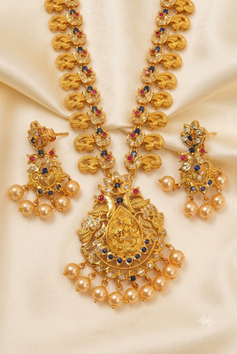 Pink and blue peacock temple jewellery 1
