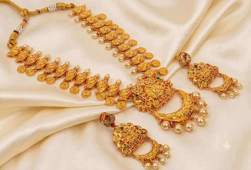 Gold plated temple jewellery with rubies and emeralds