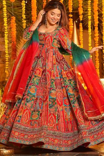 Orange crepe silk position print party wear embroidery anarkali suit set