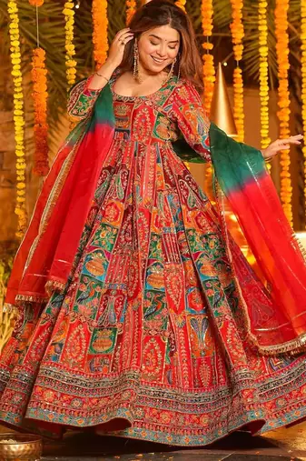 Orange crepe silk position print party wear embroidery anarkali suit set