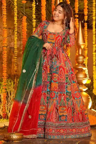 Orange crepe silk position print party wear embroidery anarkali suit set