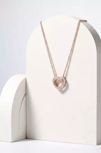 925 Sterling Silver Rose Gold Double Heart Pendant Necklace Set for Women