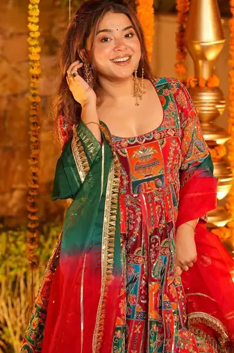 Orange crepe silk position print party wear embroidery anarkali suit set