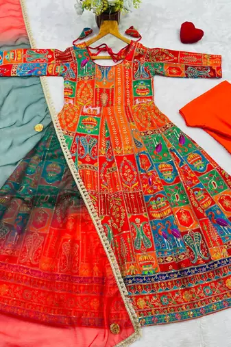 Orange crepe silk position print party wear embroidery anarkali suit set