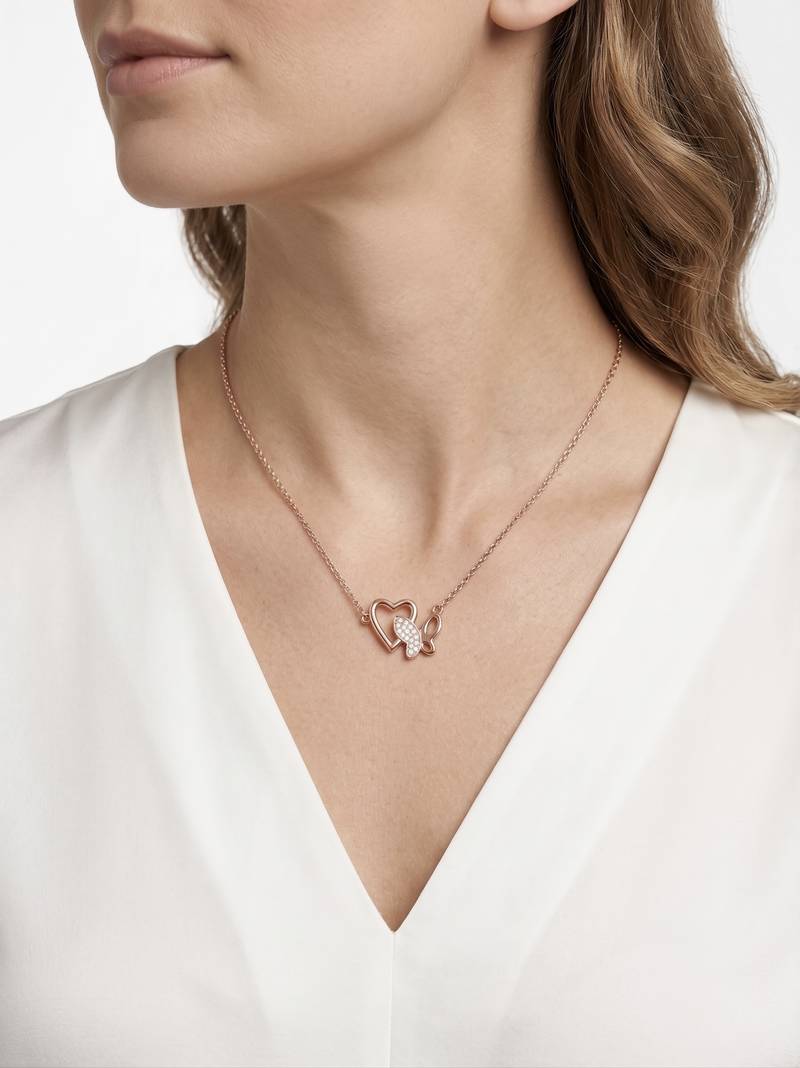 925 Sterling Silver Rose Gold Butterfly & Open Heart Pendant Necklace Set for Women