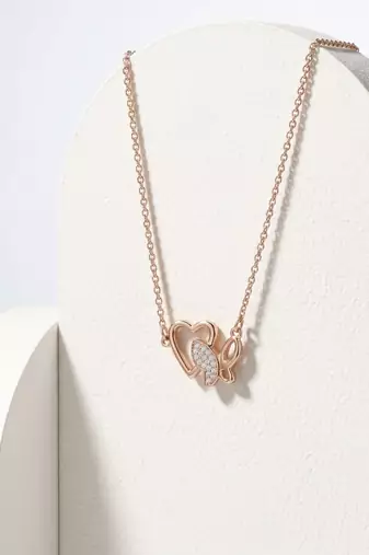 925 Sterling Silver Rose Gold Butterfly & Open Heart Pendant Necklace Set for Women