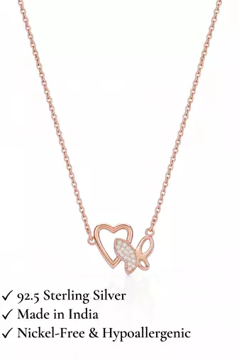 925 Sterling Silver Rose Gold Butterfly & Open Heart Pendant Necklace Set for Women