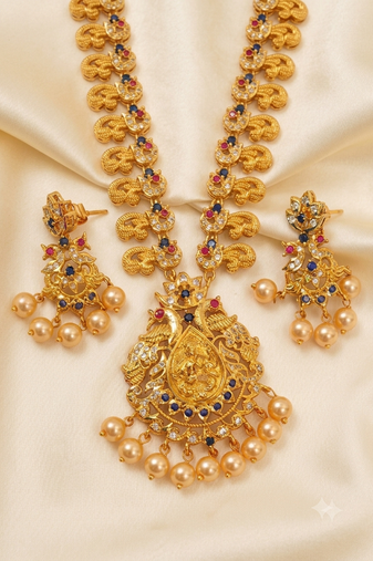 Pink and blue peacock temple jewellery