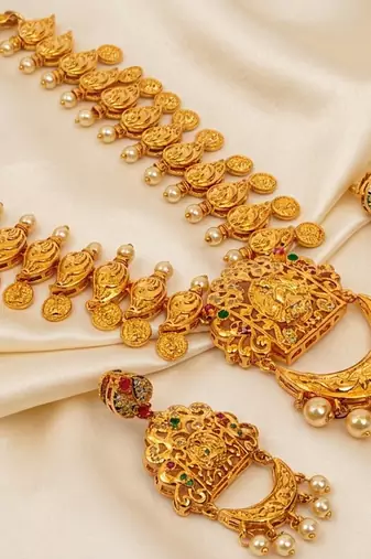 Gold plated temple jewellery with rubies and emeralds