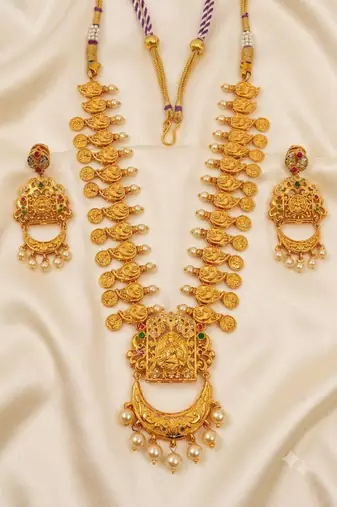 Gold plated temple jewellery with rubies and emeralds