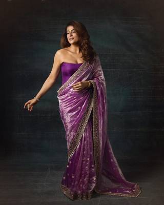 magenta color sequins with cording embroidered work silk blend saree 1