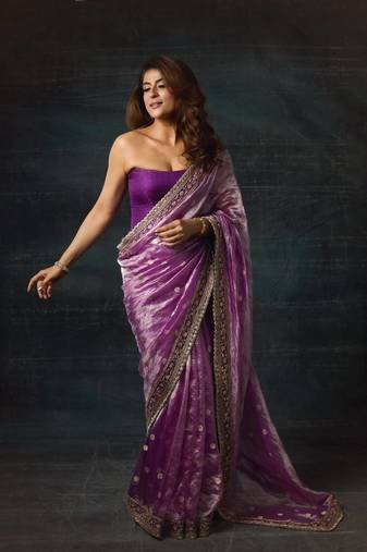 magenta color sequins with cording embroidered work silk blend saree