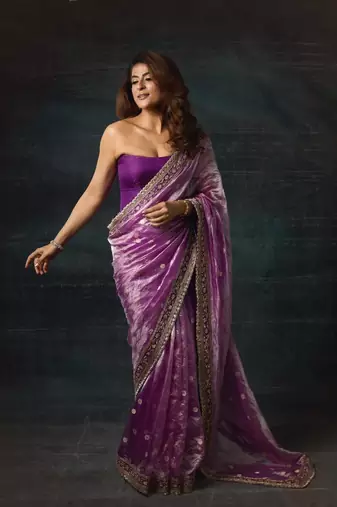 magenta color sequins with cording embroidered work silk blend saree