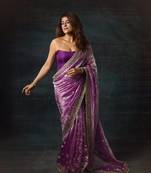 magenta color sequins with cording embroidered work silk blend saree