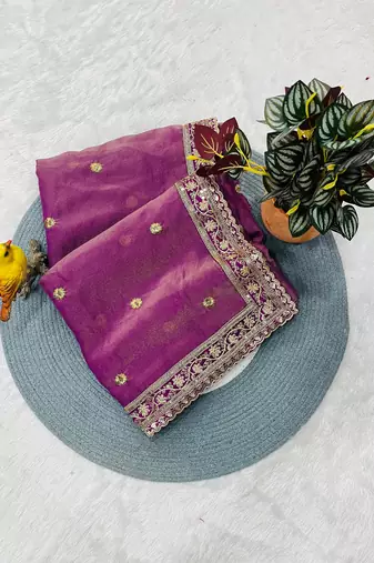 magenta color sequins with cording embroidered work silk blend saree