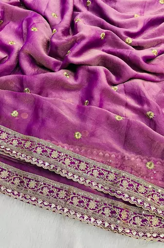 magenta color sequins with cording embroidered work silk blend saree