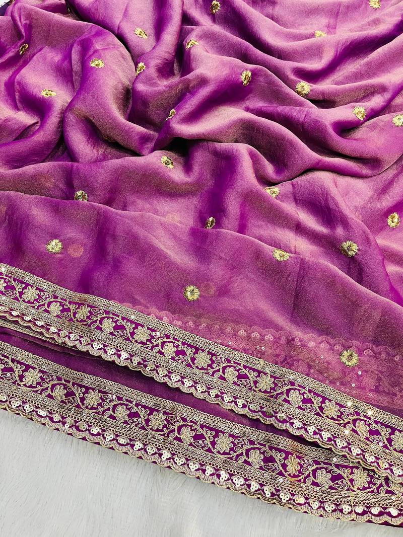 magenta color sequins with cording embroidered work silk blend saree