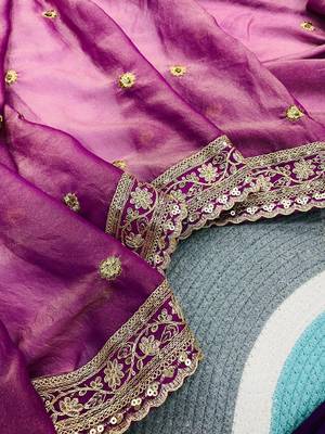 magenta color sequins with cording embroidered work silk blend saree 4
