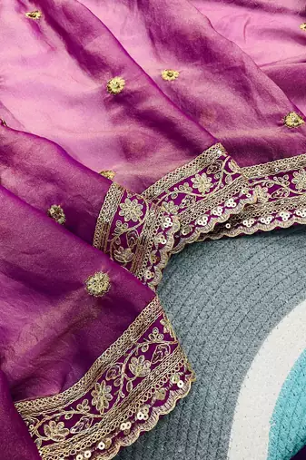 magenta color sequins with cording embroidered work silk blend saree