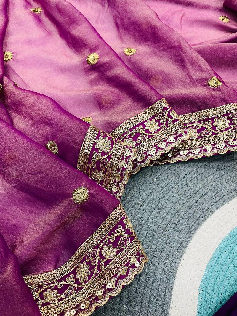 magenta color sequins with cording embroidered work silk blend saree