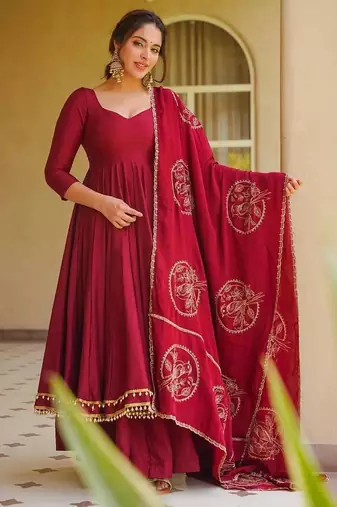 Maroon roman  silk  party wear embroidery anarkali suit set