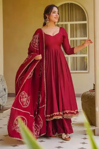Maroon roman  silk  party wear embroidery anarkali suit set