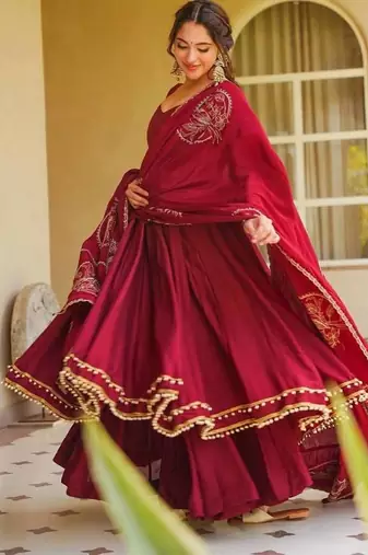 Maroon roman  silk  party wear embroidery anarkali suit set